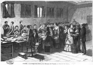 Tri des billets de banque à la Banque de France à Paris, gravé par F. Mollet (19e siècle) 1897
